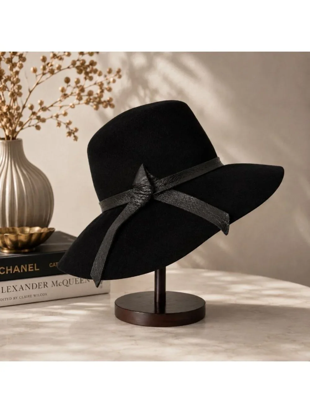 Vintage Glenover Black Felt Hat Leather Bow USA Made Large Wide Brim
